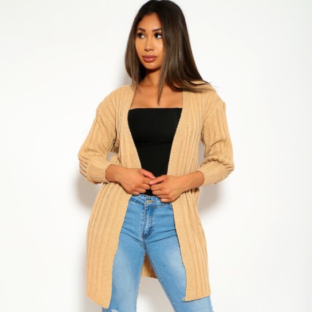 Beige Knitted Open Front Cardigan